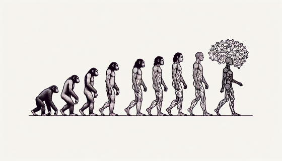 Dessins de profil, on voit un singe, puis un humain préhistorique, et enfin un
humain moderne puis une IA sous forme de robot avec des sortes de neurones qui
sortent de sa tête. Image générée par DALL-E